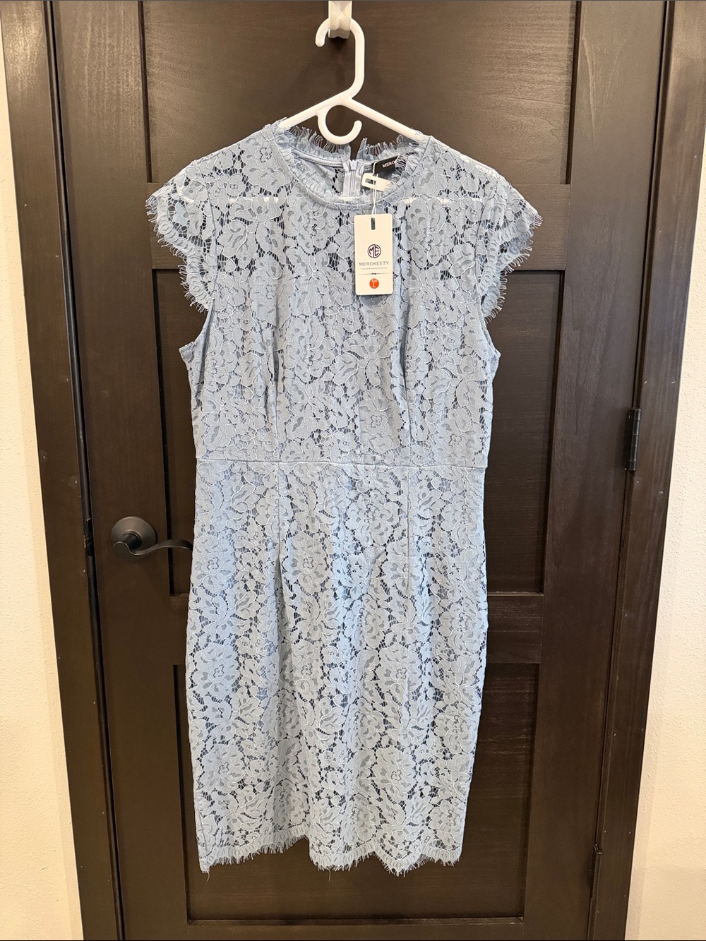 Merokeety Gray Blue Lace Midi Dress with Cap Sleeves